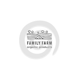 Vector hand drawn landscape, field and trees. Farm logo template.