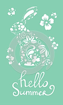 Vector hand drawn lettering hello summer with decorated bunny silhouette and flowers