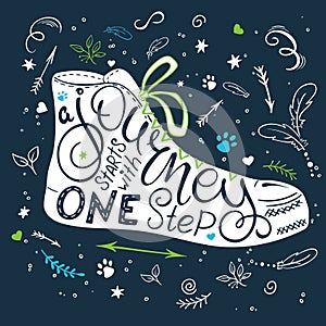 Vector hand drawn lettering quote - a journey starts with one step.
