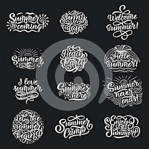 Vector hand drawn lettering about Summer. Isolated calligraphy for travel agency, beach party. Great design for postcard