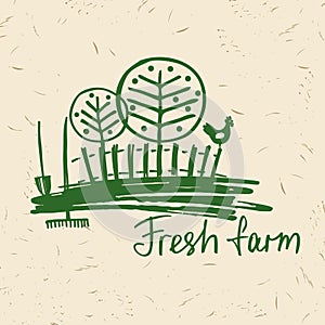 Vector hand drawn logo fresh farm. Lettering logo agriculture an