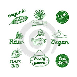 Vector hand drawn logos. Healthy eat logotypes set. Vegan, natural food and drinks signs. Farm market, store icons collection.