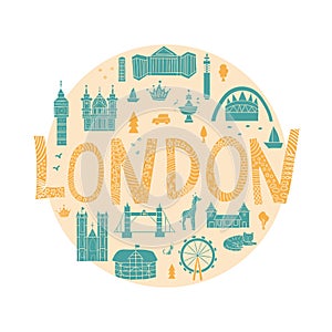 Vector hand drawn London attractions in cartoon style framed in circle