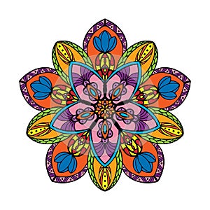 Vector hand drawn mandala caricature. Ethnic mandala with colourful tribal ornamentation. Isolated