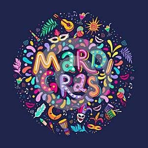 Vector Hand drawn Mardi Gras Lettering text inscription round shape. Carnival Colorful Party Elements confetti fireworks