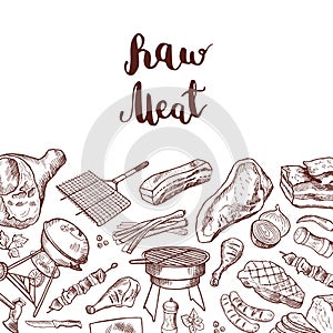 Vector hand drawn meat elements background illustration with lettering