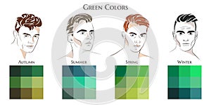 Vector hand drawn men with different types of male appearance. Set of palettes with green colors for Wint