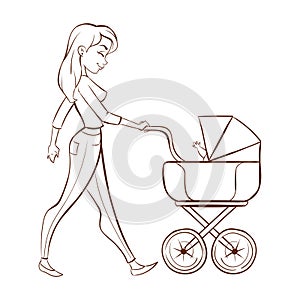 Vector hand drawn monochrome illustration of happy mother with a baby