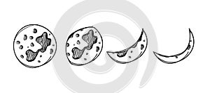 Vector hand drawn moon phases isolated on white background, black scribble lines