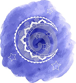 Vector hand drawn moon and stars on watercolor background