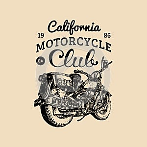 Vector hand drawn motorcycle club logo. Vintage detailed retro bike illustration in ink style for chopper company etc.