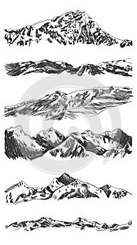 Vector hand drawn mountains, sketches set isolated on white background, wild nature illustrations, hatch drawings.