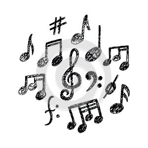 Vector Hand drawn Music Notes icon Set. Sketchy cartoon musician sign in kids doodle style. Real Pencil drawing.