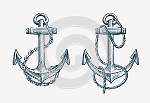 Vector hand drawn nautical anchor. Vintage sketch element ship, travel