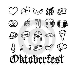 Vector hand drawn Oktoberfest icons for holiday poster, invitation, autumn Bavarian festival of beer banner, photo booth