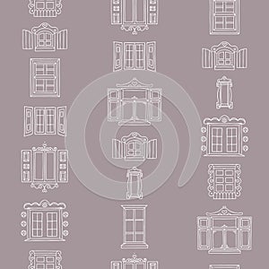 Vector Hand Drawn Old Town Windows on Cocoa Brown seamless pattern background.