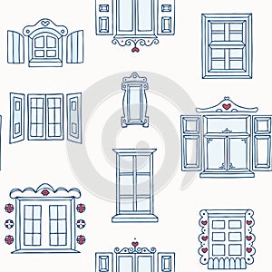 Vector Hand Drawn Old Town Windows on White seamless pattern background.