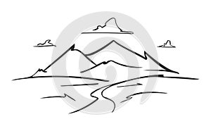 Vector hand drawn outline sketch mountains landscape with road on foreground