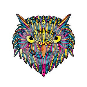 Vector hand drawn Owl face. Zentangle art. Ethnic patterned illustration for antistress coloring book, tattoo, poster, print.