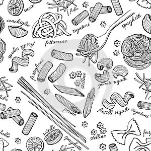 Vector hand drawn pasta pattern. Vintage line art illustration