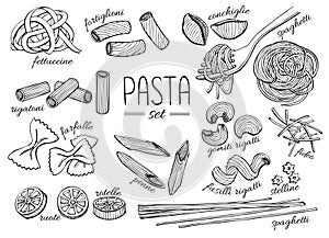 Vector hand drawn pasta set. Vintage line art illustration photo