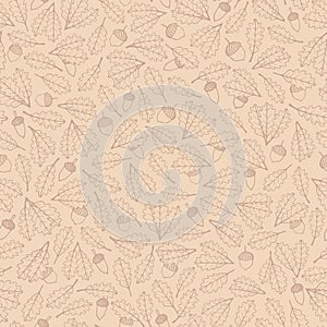 Vector hand drawn pattern with autumn oak leaves and acorns brown contours on the beige background