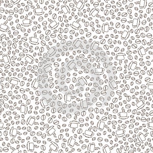 Vector hand drawn pattern of coffee seeds and cups. Coffee beans, cup seamless pattern on white background. Seamless photo