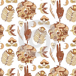 Vector hand drawn pattern with illustration with surrealistic mushroom.
