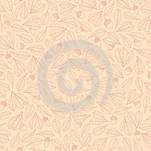 Vector hand drawn pattern with red autumn oak leaves and acorns contours on the beige background