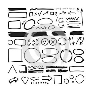 Vector hand drawn pencil textured elements isolated on white background, circles, squares, heart, arrows, underline strokes set