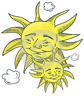 Vector hand drawn by pencils illustration for pagan and wiccan community: Midsummer solstice sun face.