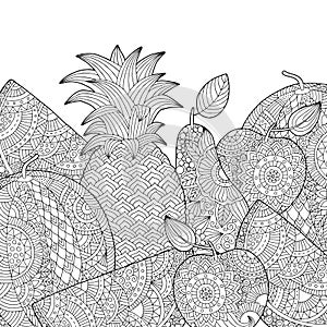 Vector hand drawn pineapple, watermelon, apple illustration for adult coloring book. Freehand sketch for adult anti