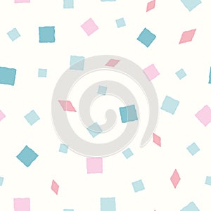 Vector hand drawn pink and blue squares and diamond shapes on pastel yellow background. Funky seamless pattern. Great