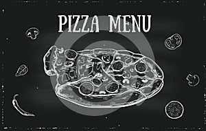 Vector hand drawn Pizza menu cover with vegetables. Vintage, retro template for italian restaurans