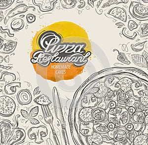 Vector hand drawn pizza restaurant sketch and food, drinks doodle