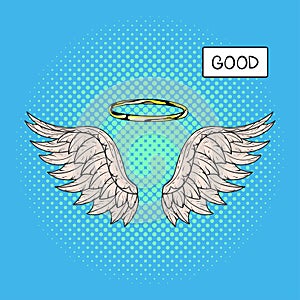 Vector hand drawn pop art illustration of angel wings and nimbus