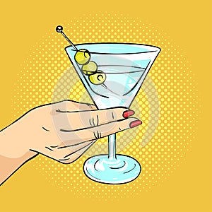 Vector hand drawn pop art illustration of woman hand holding Martini glass