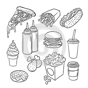 Vector hand drawn pop art monochrome set of fast food.