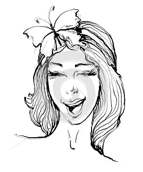 Vector hand drawn portrait of stylish girl twinkling with smile and butterfly on hair on white background.