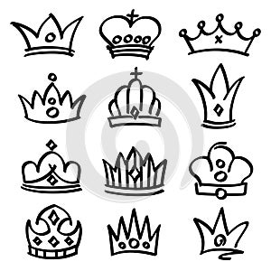 Vector hand drawn princess crowns. Sketch doodle royalty symbols