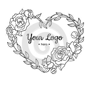 Vector hand drawn rose wreath in heart shape illustration.