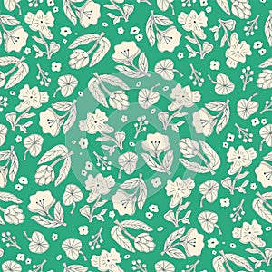 Vector hand drawn scandinavian outline flower illustraiton motif seamless repeat pattern green background