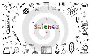 Vector hand drawn Science and Education doodle Frame . DNA, Biology, Astronomy and other