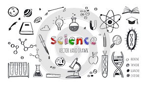 Vector hand drawn Science and Education doodle set. DNA, Biology, Astronomy and other