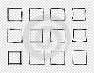 Vector Hand Drawn Scribble Square Frames on Transparent Background, Design Elements Set, Sketched.
