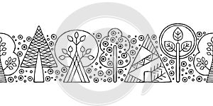 Vector hand drawn seamless border, pattern, decorative stylized black and white childish trees. Doodle sketch style, graphic illus