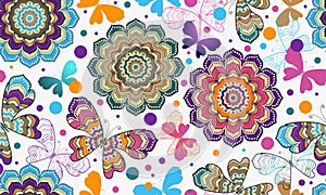 Vector hand drawn seamless bright colorful spring pattern with mandalas