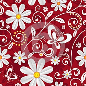 Vector hand drawn seamless bright red spring pattern with white daisies