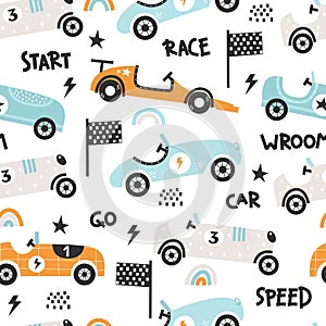 Vector hand-drawn seamless childish pattern with cute retro racing cars on a white background. Kids texture for fabric