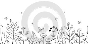 Vector Hand Drawn Seamless Floral Border Of Leaves, Plants and Flowers With A Mushroom And A Bee. Horizontal Seamless Black and